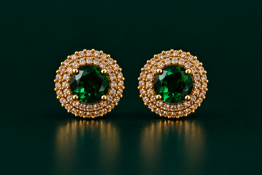 Royal Crystal Halo Earrings – Emerald Green
