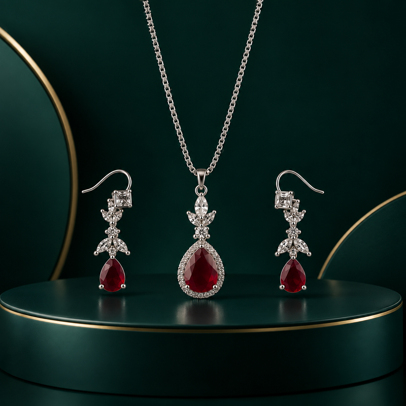 Elegant Ruby Heart Necklace & Earrings Set